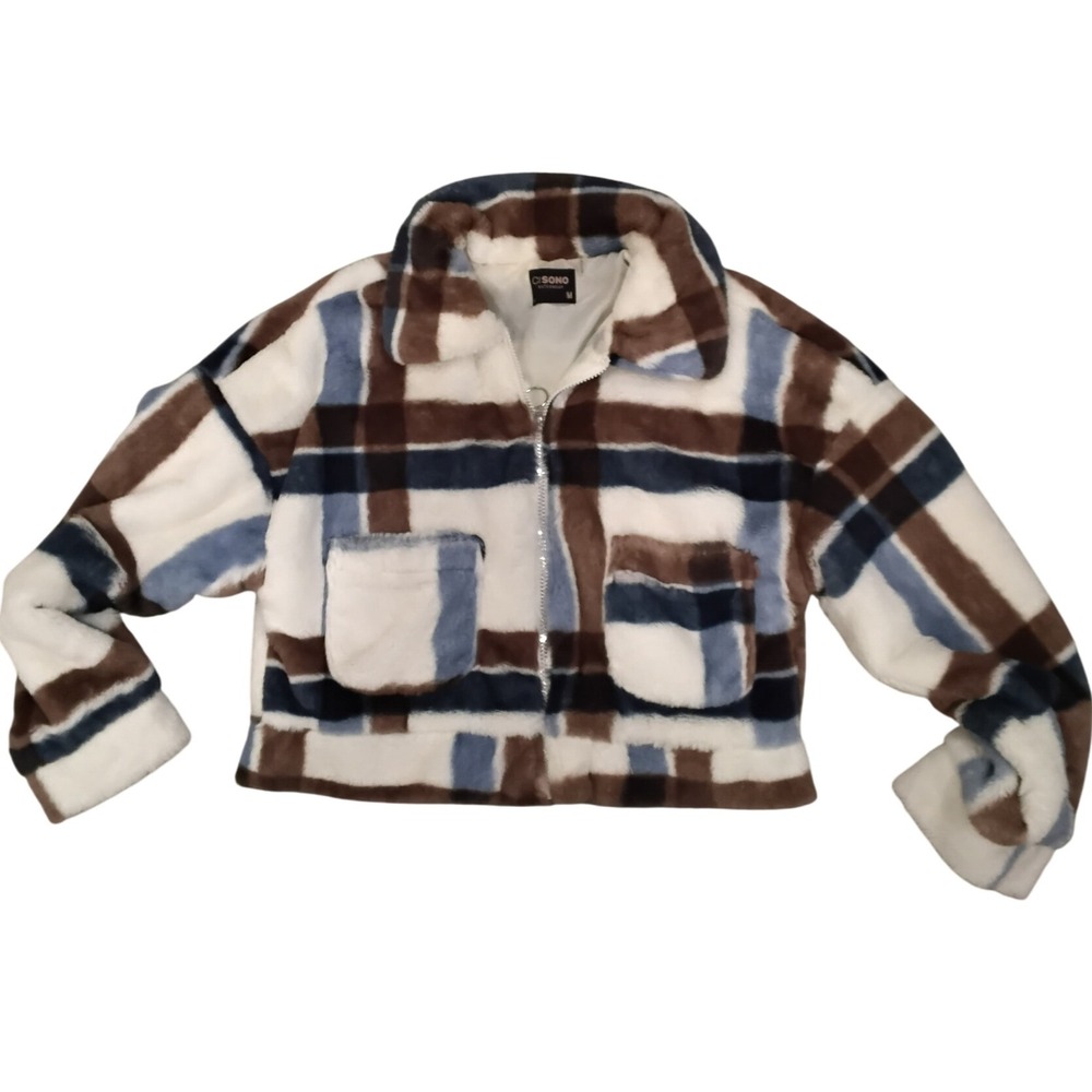 Cisono Outerwear‎ Plaid Faux Fur Cropped Jacket Cozy Warm Size Medium